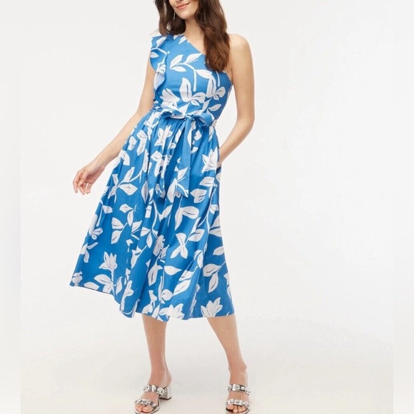 J. crew One Shoulder Midi Dress In Blue Floral NWT - Picture 1 of 11